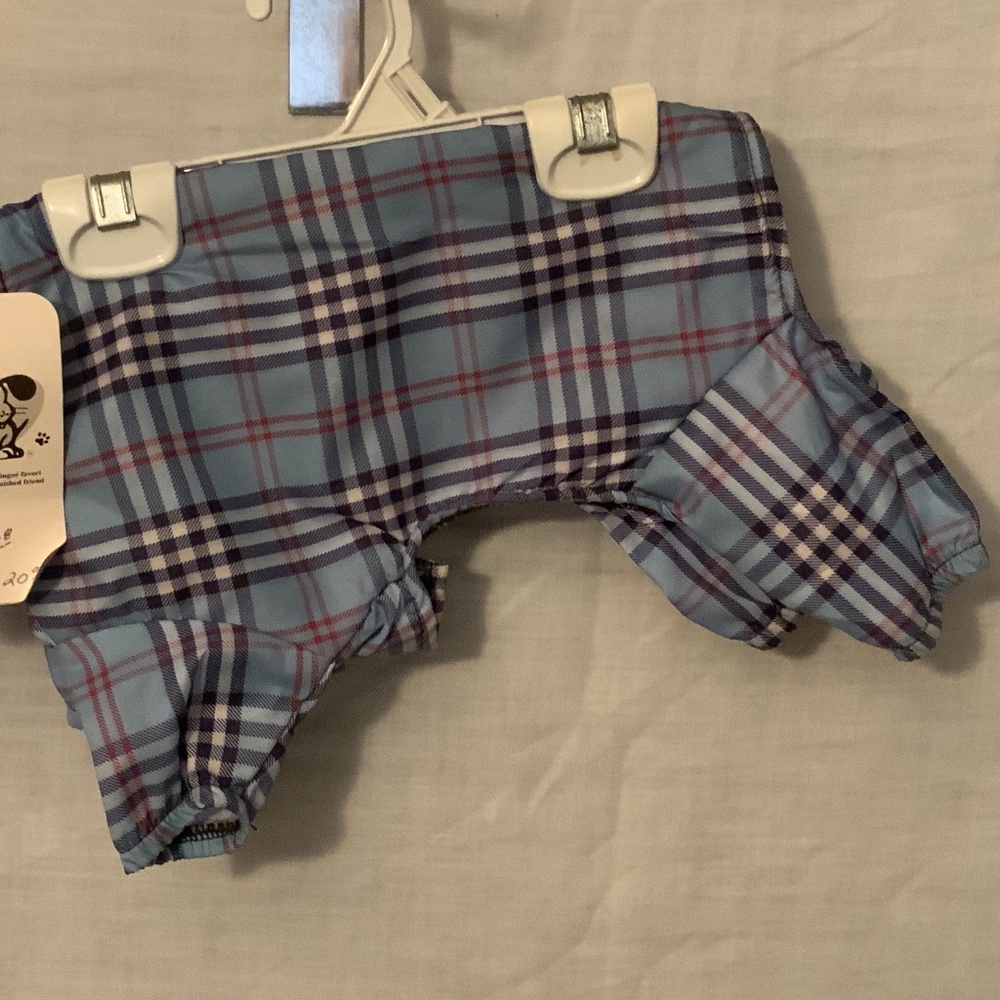 Daba Doo: Blue-Berrie Plaid Fleece-Lined Water Repellant Dog Coat(8”Back/3”Leg)